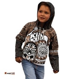 Personalised Te Reo Maori New Zealand Kid Hoodie Aotearoa Kia Haka Maori Tribal Tattoo Gold Style