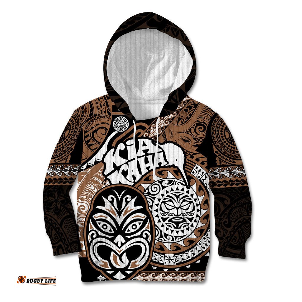 Personalised Te Reo Maori New Zealand Kid Hoodie Aotearoa Kia Haka Maori Tribal Tattoo Gold Style