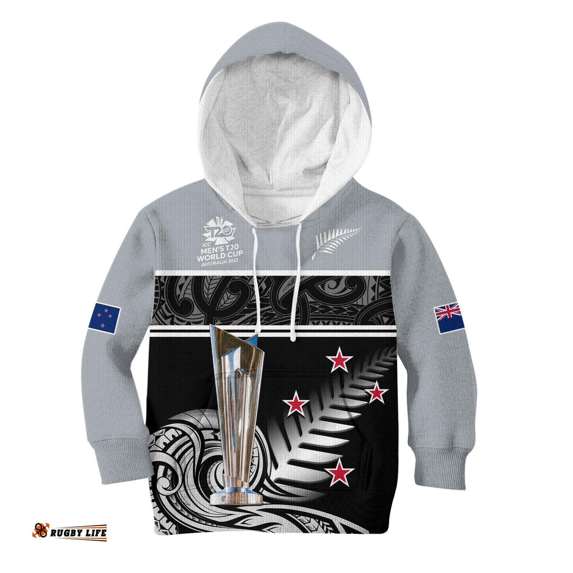 Custom Text And Number New Zealand Cricket Hoodie KID Black Caps Champions Mens WC