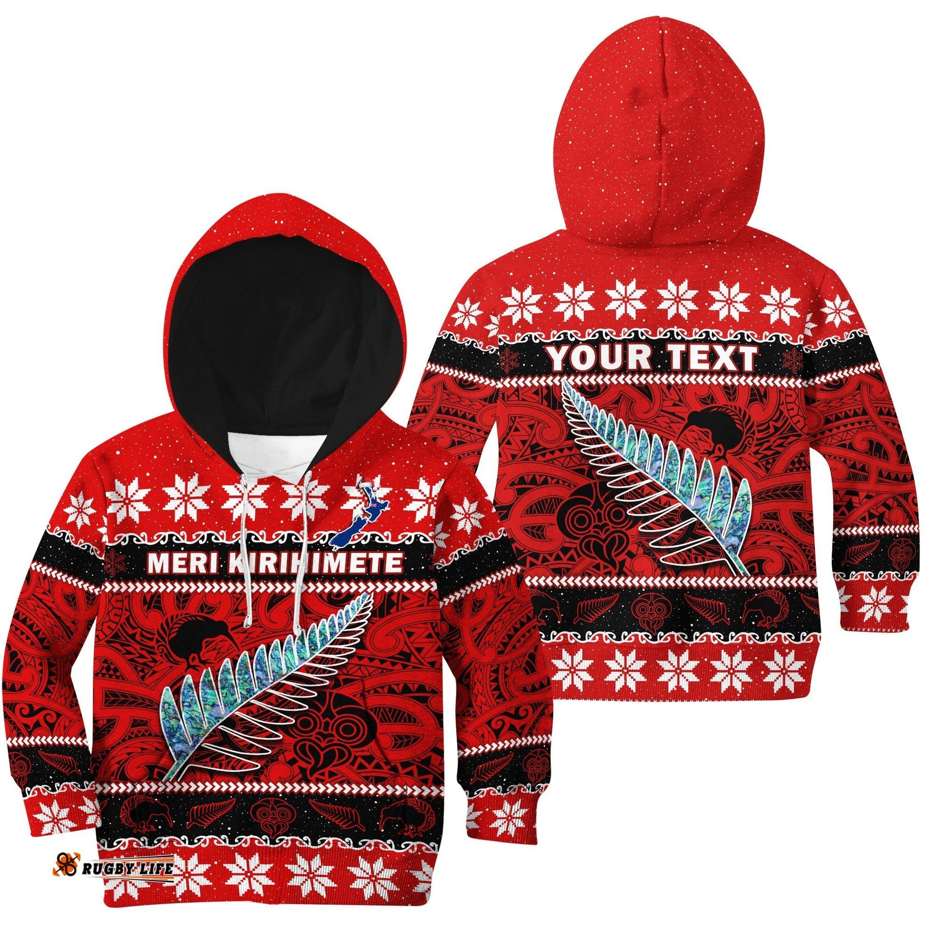 Custom Personalised New Zealand Christmas Hoodie KID Paua Shell Silver Fern Meri Kirihimete