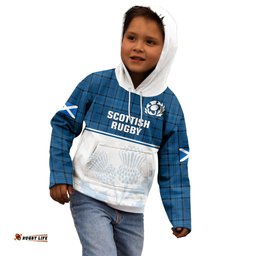 Scotland Rugby Kid Hoodie Thistle Mix Tartan Scottish Map Sporty Version Blue