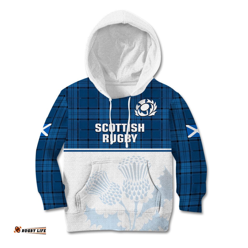 Scotland Rugby Kid Hoodie Thistle Mix Tartan Scottish Map Sporty Version Blue