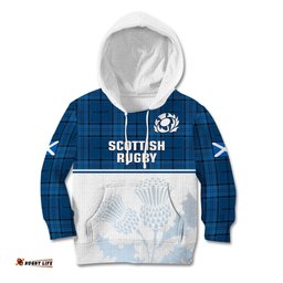 Scotland Rugby Kid Hoodie Thistle Mix Tartan Scottish Map Sporty Version Blue