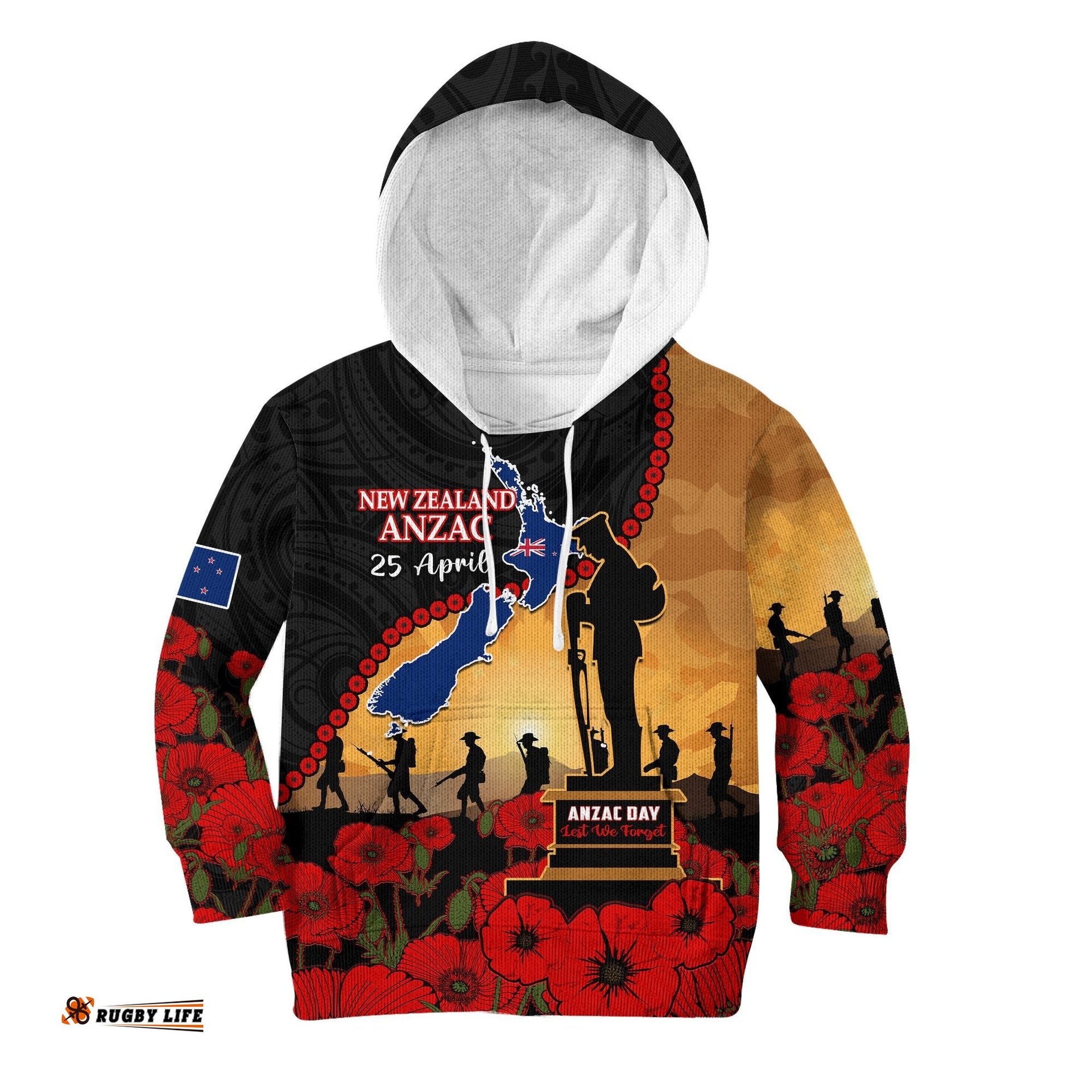Custom Personalised New Zealand Anzac Hoodie KID Maori Camouflage Mix Poppies We Will Remember Them
