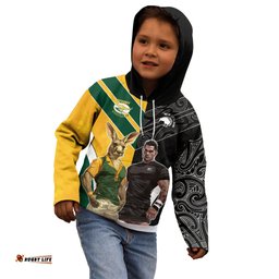 Custom New Zealand and Australia Rugby Kid Hoodie Kangroo and Maori Warrior Together