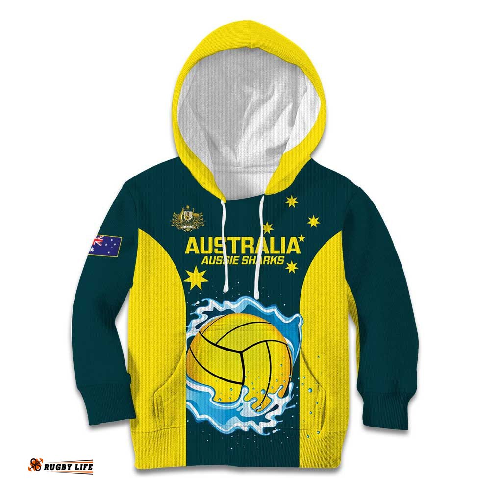 Custom Australia Water Polo 2024 Kid Hoodie Aussie Shark National Color Version
