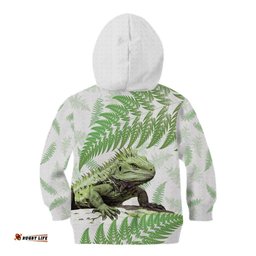 Green New Zealand Tuatara Kid Hoodie Aotearoa Sphenodon Punctatus Silver Fern