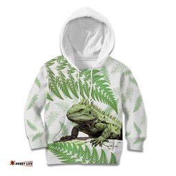 Green New Zealand Tuatara Kid Hoodie Aotearoa Sphenodon Punctatus Silver Fern