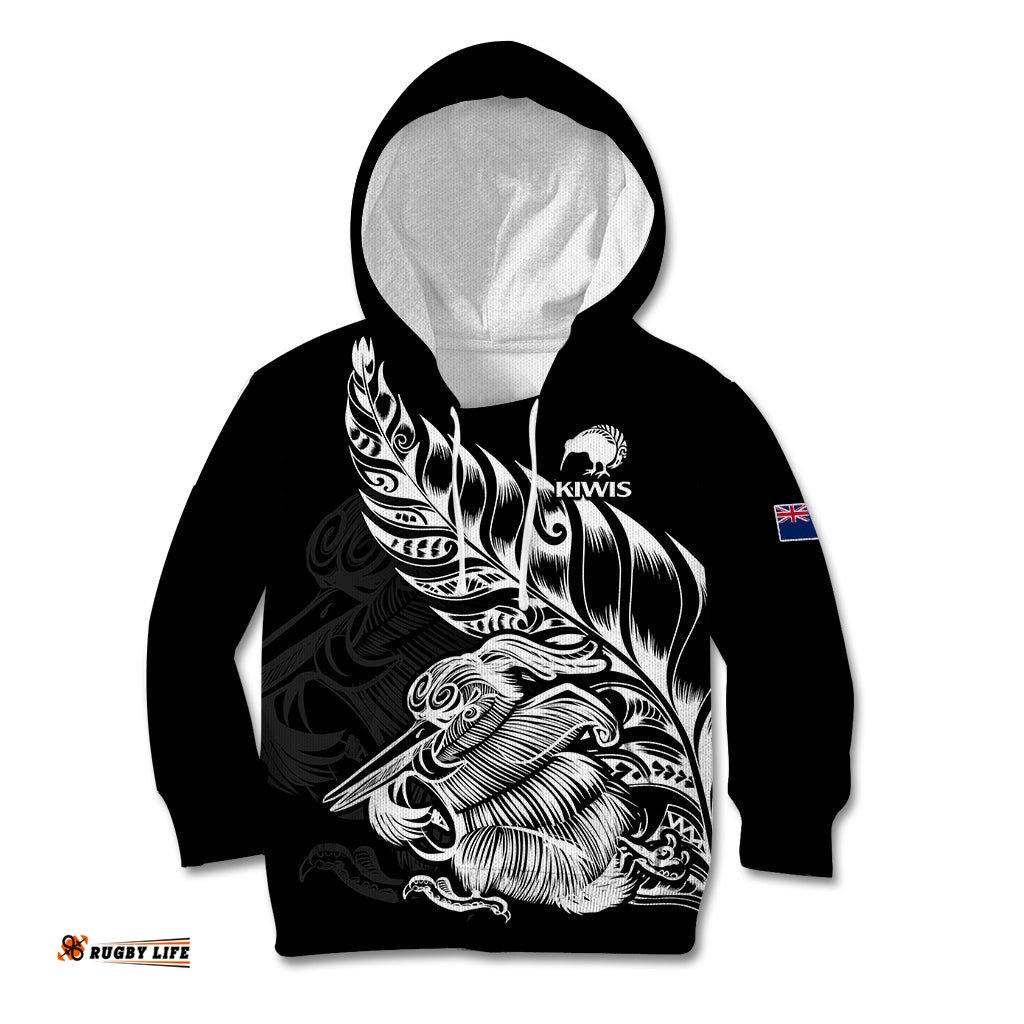 Custom Text And Number New Zealand Kiwi Rugby Kid Hoodie