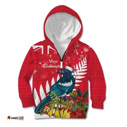New Zealand Christmas In July Kid Hoodie Tui Bird With Kowhai Meri Kirihimete