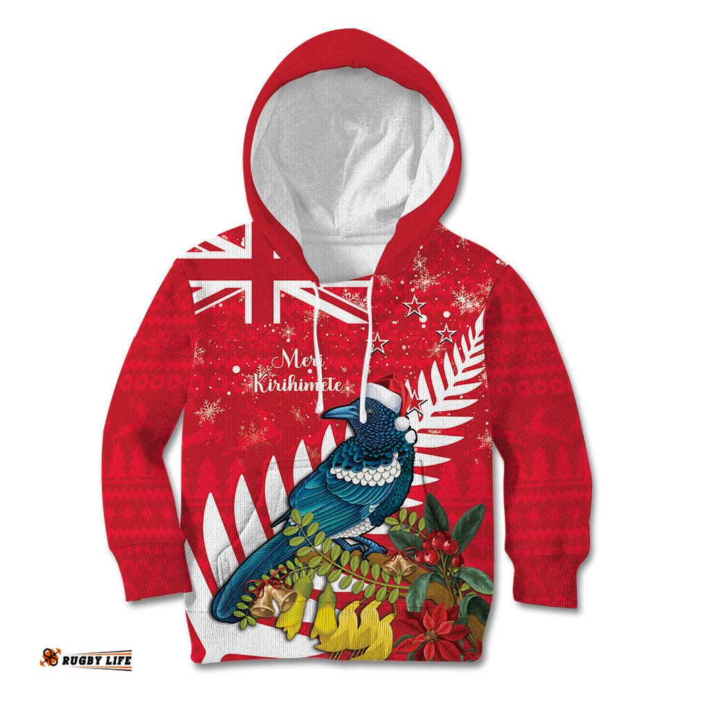 New Zealand Christmas In July Kid Hoodie Tui Bird With Kowhai Meri Kirihimete