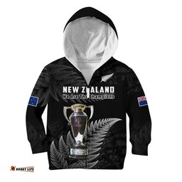 Custom Personalised New Zealand Rugby Hoodie KID Black Fern Proud Champions RWC