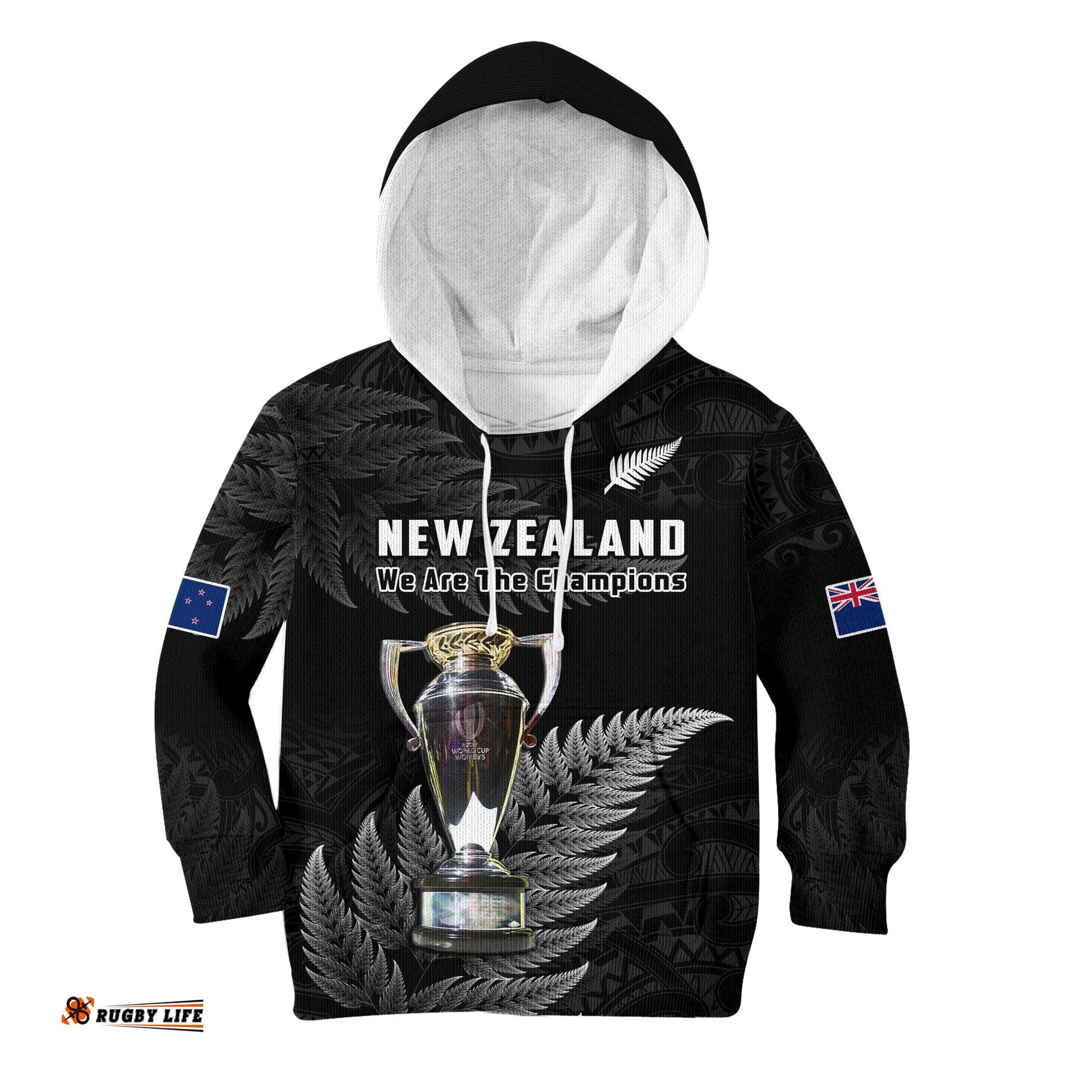 Custom Personalised New Zealand Rugby Hoodie KID Black Fern Proud Champions RWC