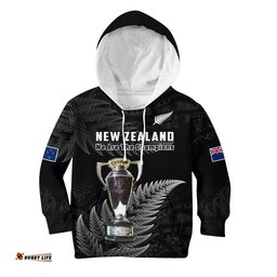 Custom Personalised New Zealand Rugby Hoodie KID Black Fern Proud Champions RWC