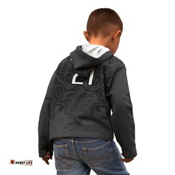 Custom Text And Number New Zealand Rugby Kid Hoodie All Black Fern with Maori Tribal Pattern