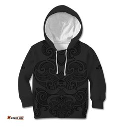 Custom Text And Number New Zealand Rugby Kid Hoodie All Black Fern with Maori Tribal Pattern