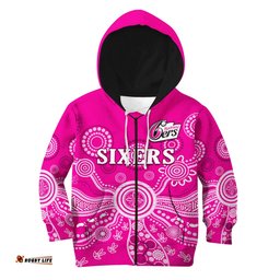 Custom Text And Number Sydney Sixers Hoodie KID Cricket Indigenous Australian Art Ver.02