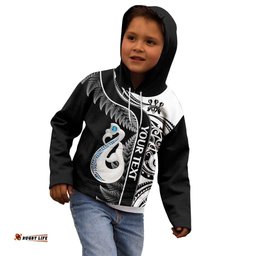 Personalised New Zealand Darts Kid Hoodie Aotearoa Fern Mix Paua Shell Manaia Black