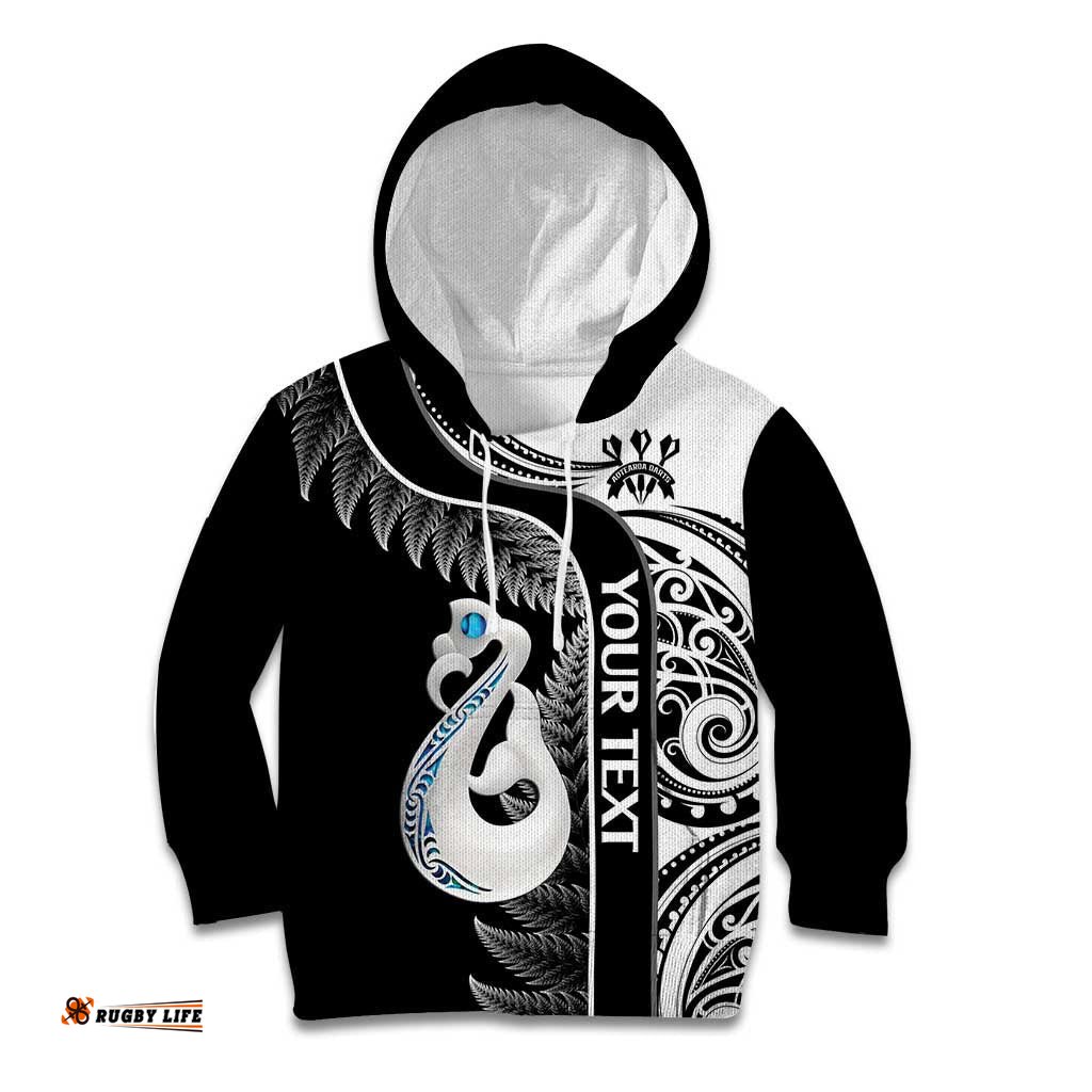 Personalised New Zealand Darts Kid Hoodie Aotearoa Fern Mix Paua Shell Manaia Black