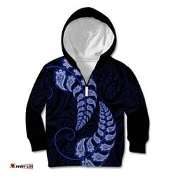 Blue New Zealand Paisley Silver Fern Kid Hoodie Aotearoa Maori