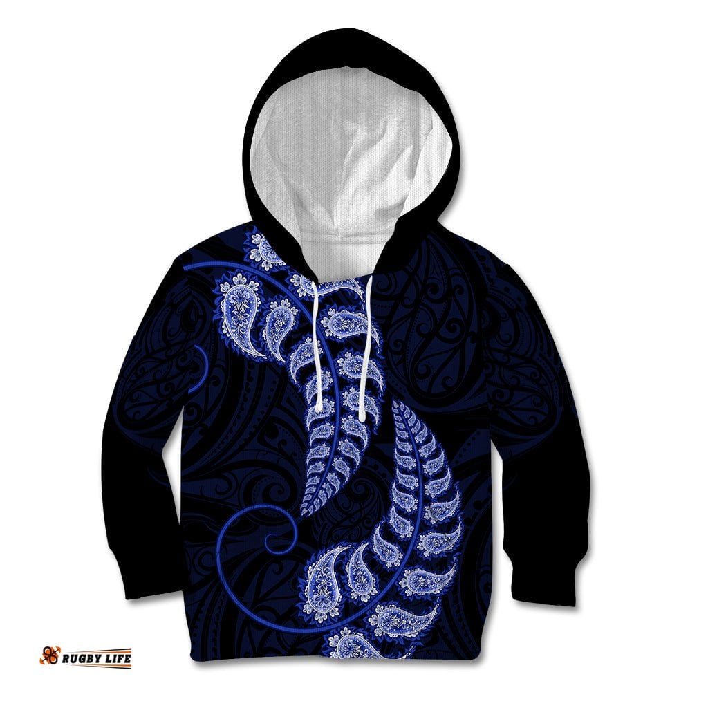 Blue New Zealand Paisley Silver Fern Kid Hoodie Aotearoa Maori