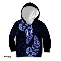 Blue New Zealand Paisley Silver Fern Kid Hoodie Aotearoa Maori