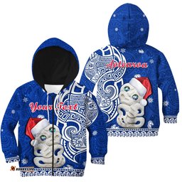 Custom Personalised New Zealand Christmas Hoodie KID Hei Tiki Blue Pohutukawa Meri Kirihimete