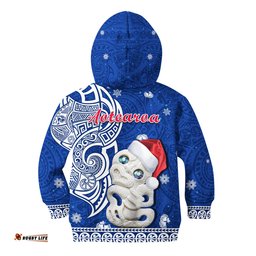 Custom Personalised New Zealand Christmas Hoodie KID Hei Tiki Blue Pohutukawa Meri Kirihimete