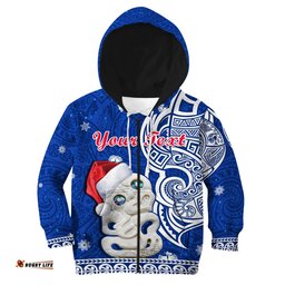 Custom Personalised New Zealand Christmas Hoodie KID Hei Tiki Blue Pohutukawa Meri Kirihimete