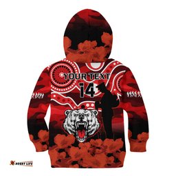 Custom Text And Number North Sydney Rugby ANZAC Kid Hoodie Bears Indigenous Mix Camouflage Poppy