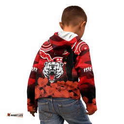 Custom Text And Number North Sydney Rugby ANZAC Kid Hoodie Bears Indigenous Mix Camouflage Poppy