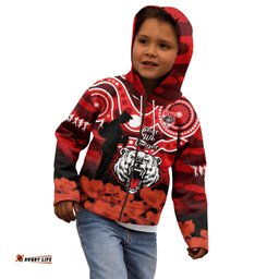 Custom Text And Number North Sydney Rugby ANZAC Kid Hoodie Bears Indigenous Mix Camouflage Poppy