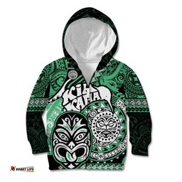 Personalised Te Reo Maori New Zealand Kid Hoodie Aotearoa Kia Haka Maori Tribal Tattoo Green Style