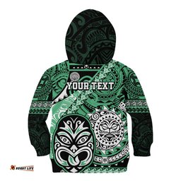 Personalised Te Reo Maori New Zealand Kid Hoodie Aotearoa Kia Haka Maori Tribal Tattoo Green Style