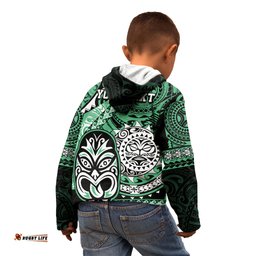 Personalised Te Reo Maori New Zealand Kid Hoodie Aotearoa Kia Haka Maori Tribal Tattoo Green Style