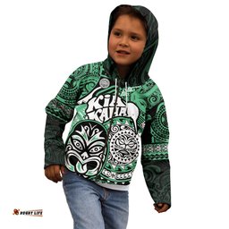 Personalised Te Reo Maori New Zealand Kid Hoodie Aotearoa Kia Haka Maori Tribal Tattoo Green Style