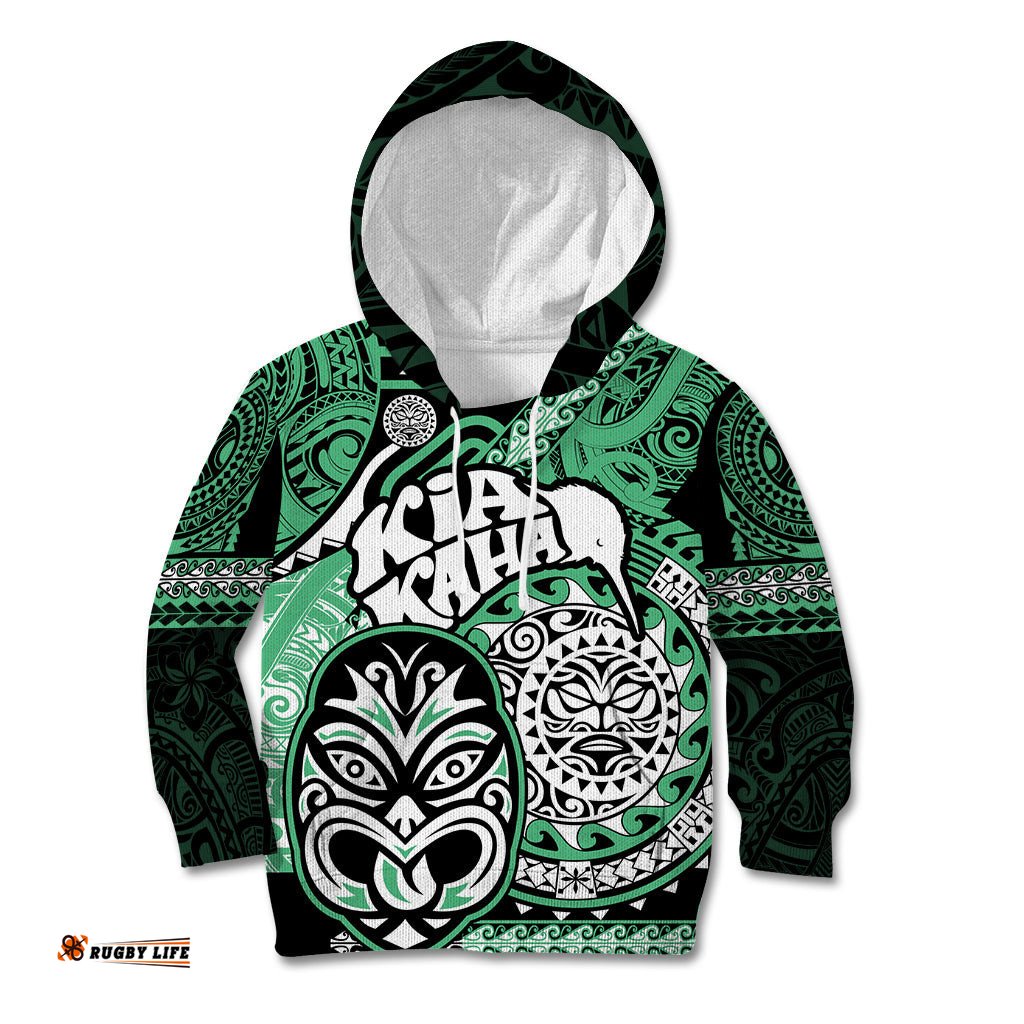 Personalised Te Reo Maori New Zealand Kid Hoodie Aotearoa Kia Haka Maori Tribal Tattoo Green Style