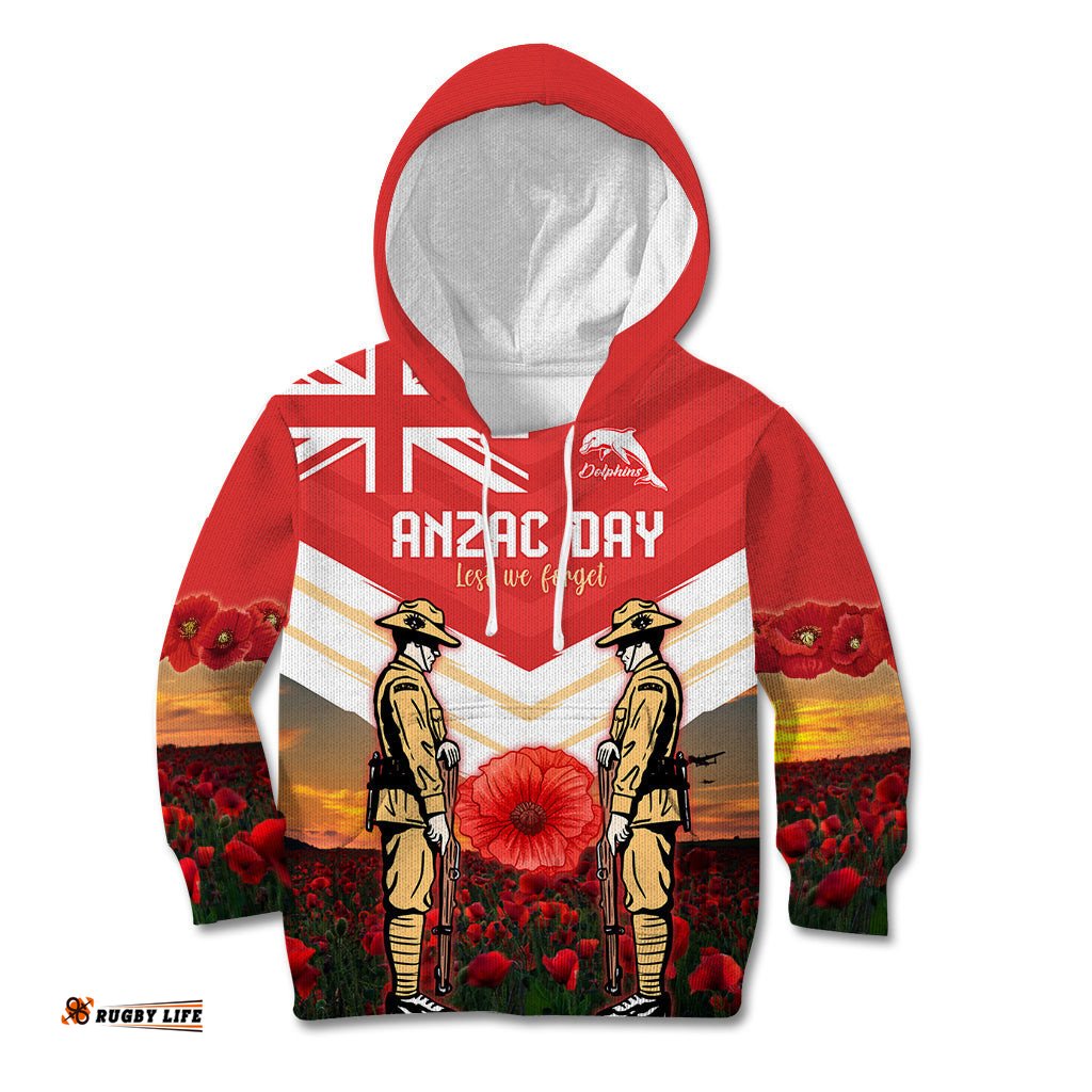Custom Dolphins Rugby ANZAC Day Kid Hoodie Soldiers Poppy Field 2024