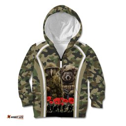 New Zealand and Australia ANZAC Day Kid Hoodie Koala and Kiwi Bird Soldier Gallipoli Camouflage Style