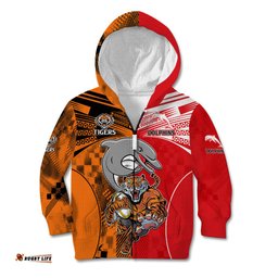 Custom Text And Number NRL Half Dolphins and Half Tigers Kid Hoodie Sporty Style