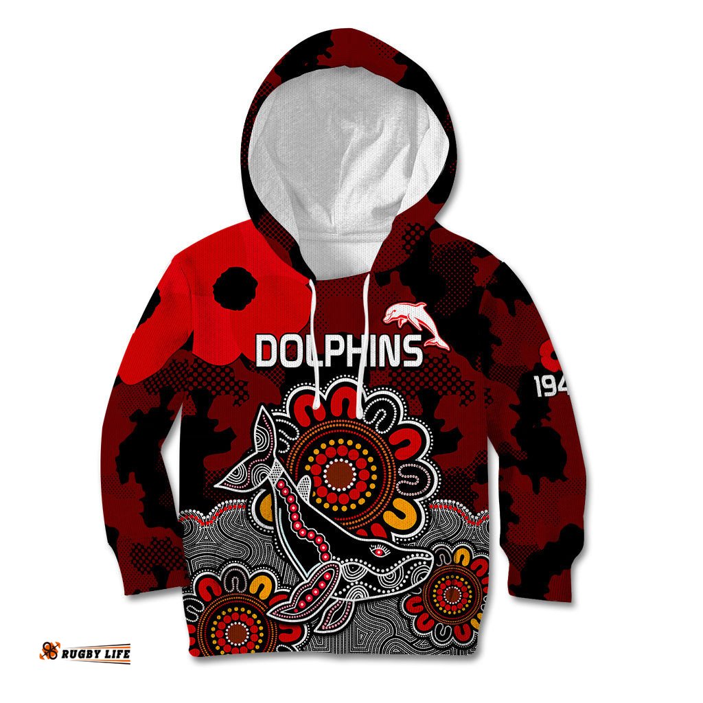 Personalised ANZAC Dolphins Rugby Kid Hoodie Indigenous Circles and Waves