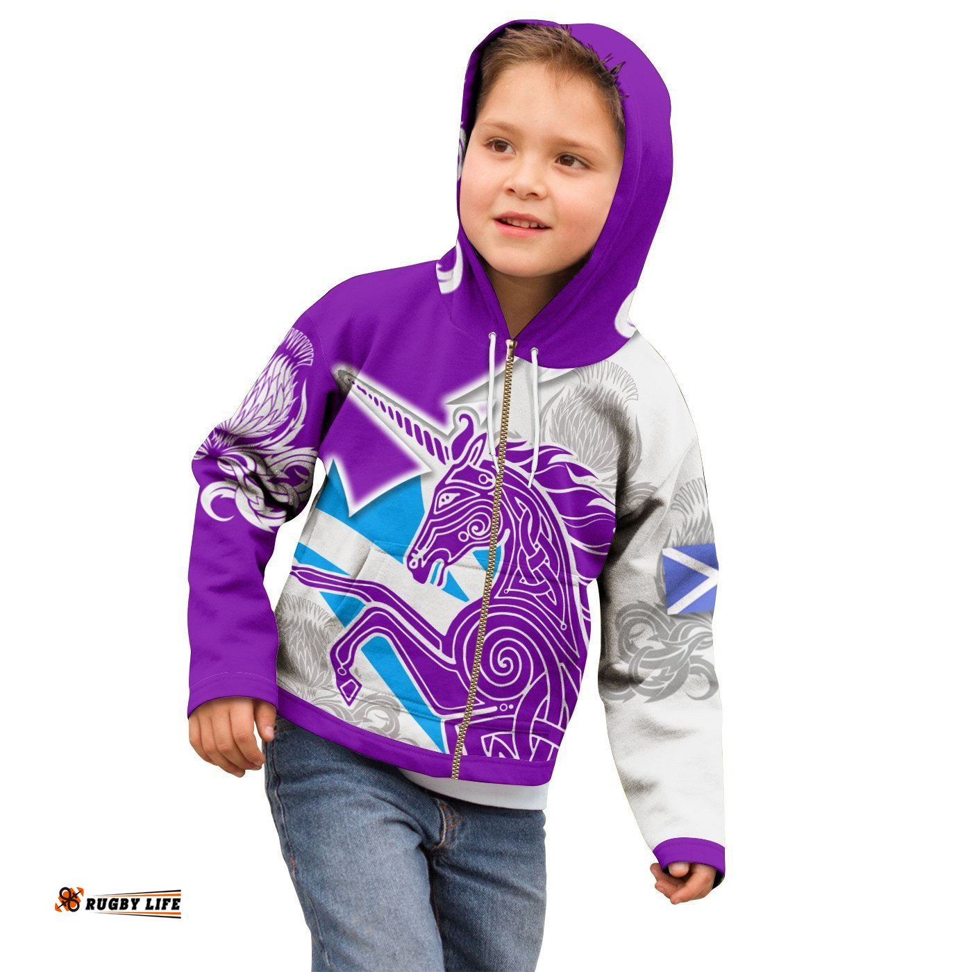 Celtic Scotland Zip Hoodie Kid Scotland Unicorn and Thistle Pattern