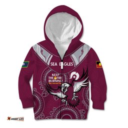 Custom NRL Sea Eagles NAIDOC Week Kid Hoodie Keep The Fire Burning Indigenous Art