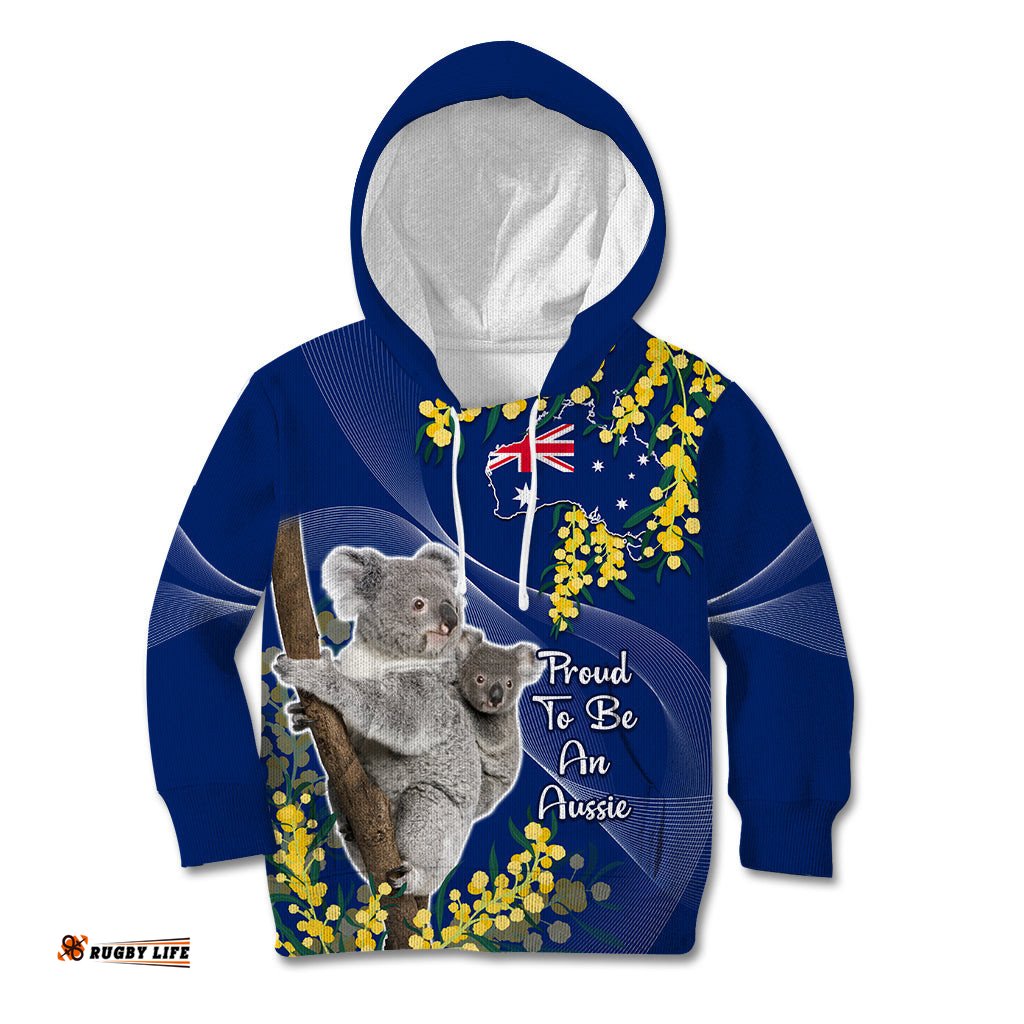 Australia Day Kid Hoodie Proud To Be An Aussie Koala With Map Golden Wattle