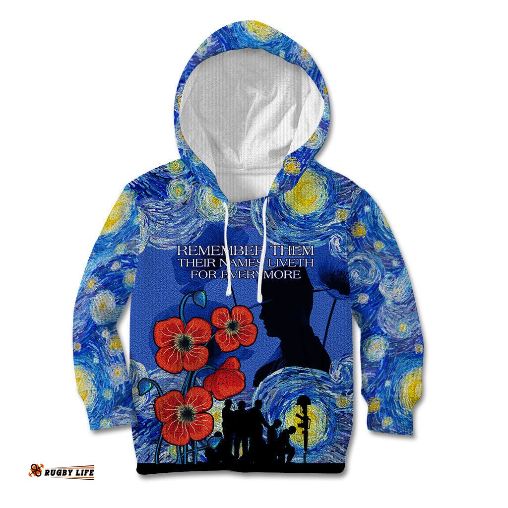 Remember Them ANZAC day Kid Hoodie Soldier In Starry Night Oil Paint Style