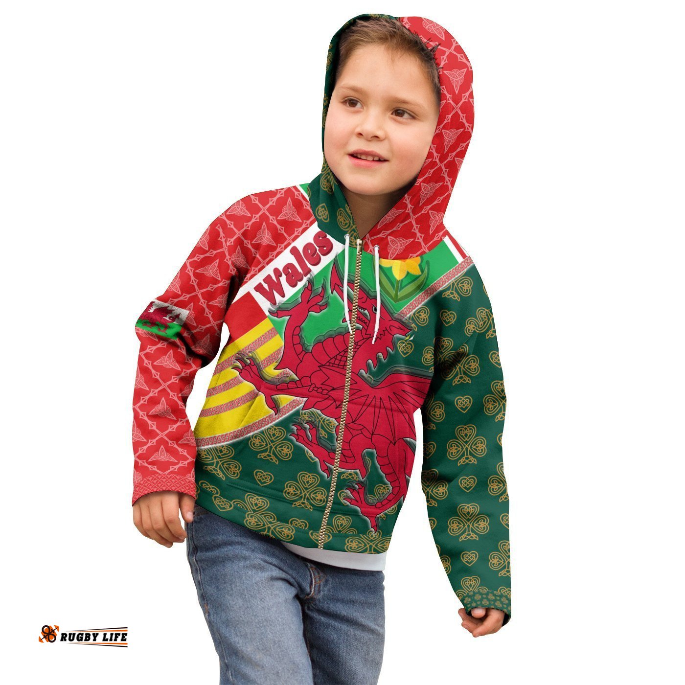 Celtic Wales Zip Up Hoodie Kid Cymru Dragon and Daffodils