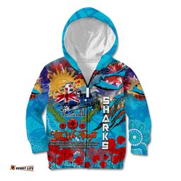 Personalised Australia Rugby Sharks ANZAC Kid Hoodie Cronulla Sutherland Scratch Style