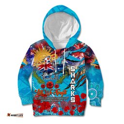 Personalised Australia Rugby Sharks ANZAC Kid Hoodie Cronulla Sutherland Scratch Style
