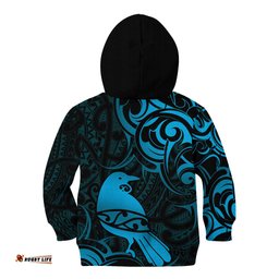 New Zealand Tui Bird Kid Hoodie Aotearoa Maori Pattern Blue