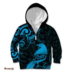 New Zealand Tui Bird Kid Hoodie Aotearoa Maori Pattern Blue